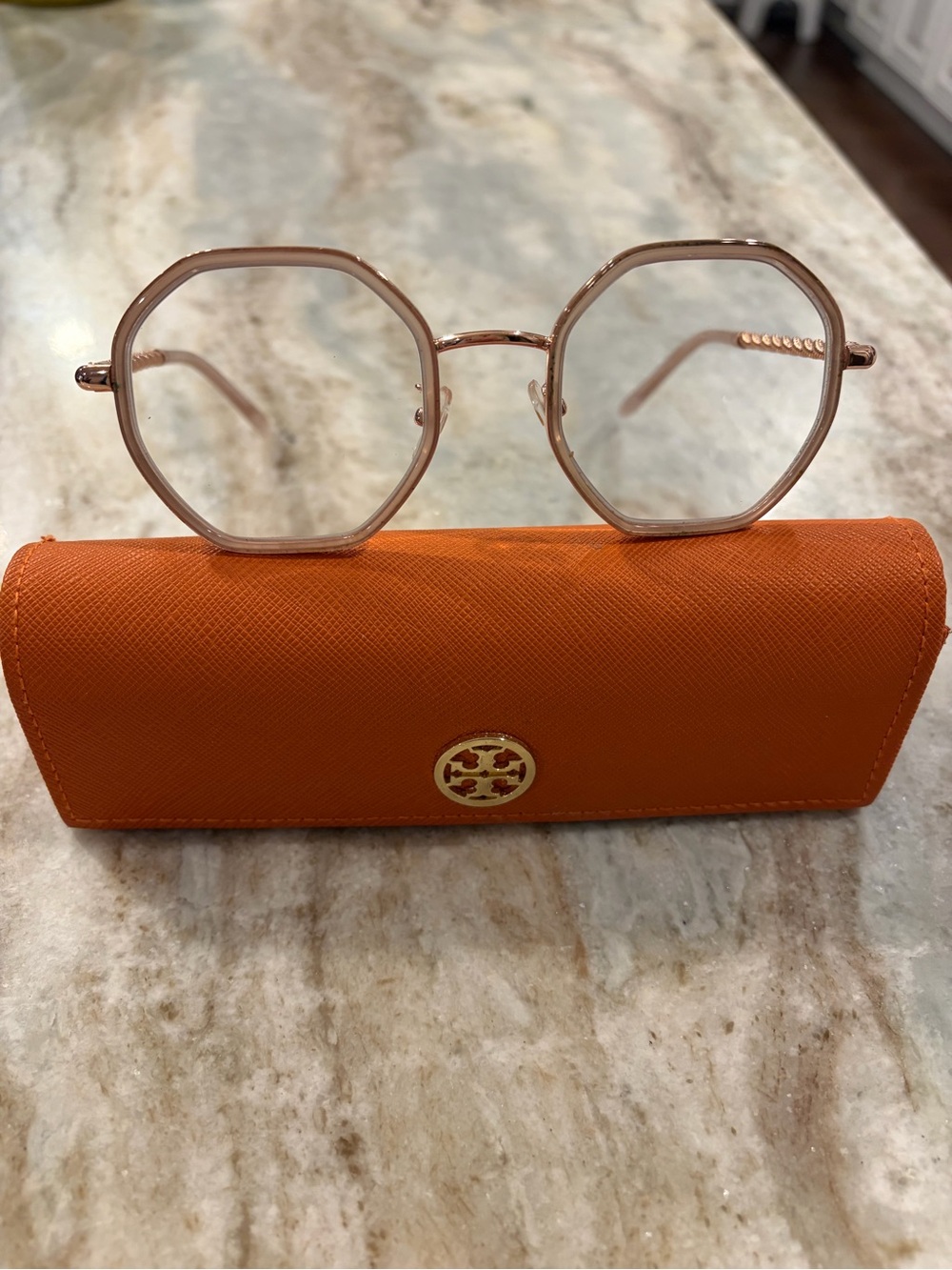 Tory Burch Rose Gold Octagonal Frame with Logo Case